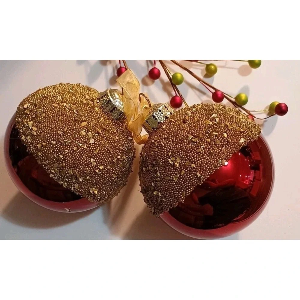 Pair Of Frontgate Glass Christmas‎ Ornaments Red And Gold Beaded Embellished